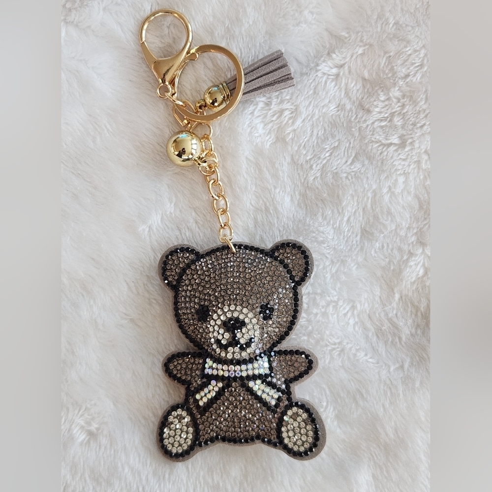 Teddy Bear Gray Rhinestone Keychain Bag Charm